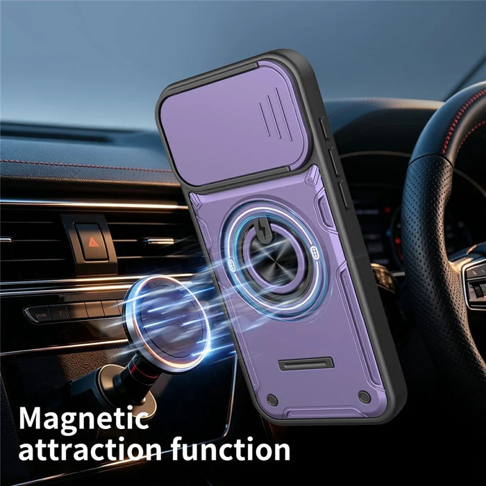 For iPhone 16 Pro Case Sliding Camera Cover Ring Kickstand PC + TPU Phone Shell with Tempered Glass Film - Purple - 3