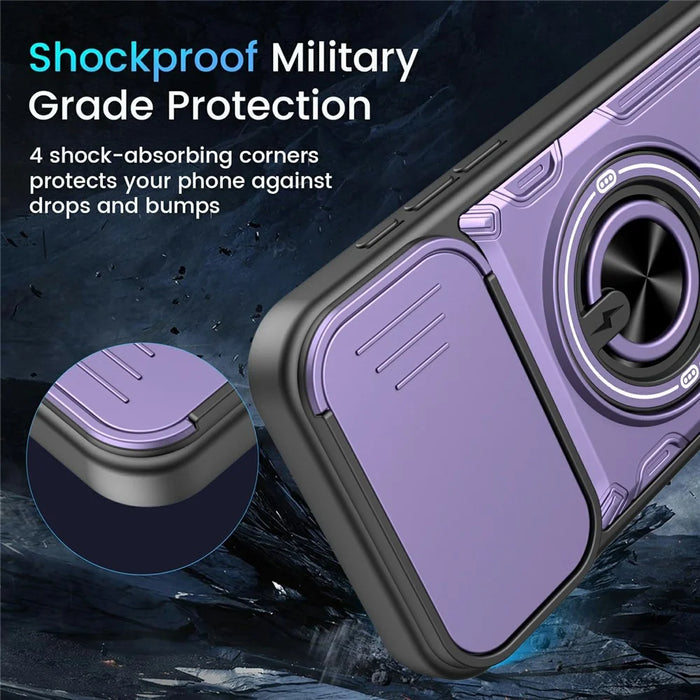 For iPhone 16 Pro Case Sliding Camera Cover Ring Kickstand PC + TPU Phone Shell with Tempered Glass Film - Purple - 4