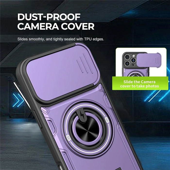 For iPhone 16 Pro Case Sliding Camera Cover Ring Kickstand PC + TPU Phone Shell with Tempered Glass Film - Purple - 5