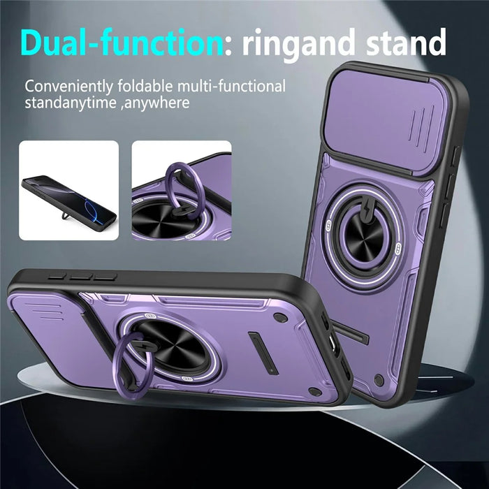 For iPhone 16 Pro Case Sliding Camera Cover Ring Kickstand PC + TPU Phone Shell with Tempered Glass Film - Purple - 7