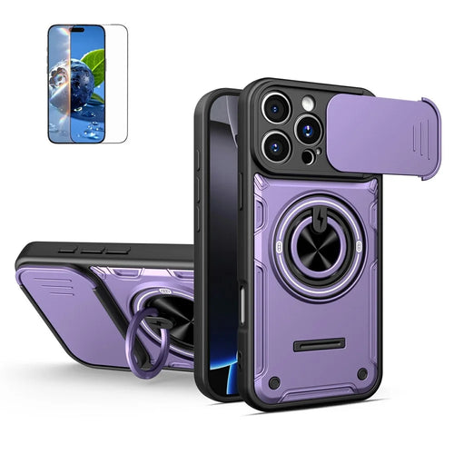 For iPhone 16 Pro Max Case Sliding Camera Cover Ring Kickstand PC + TPU Phone Shell with Tempered Glass Film - Purple - 1