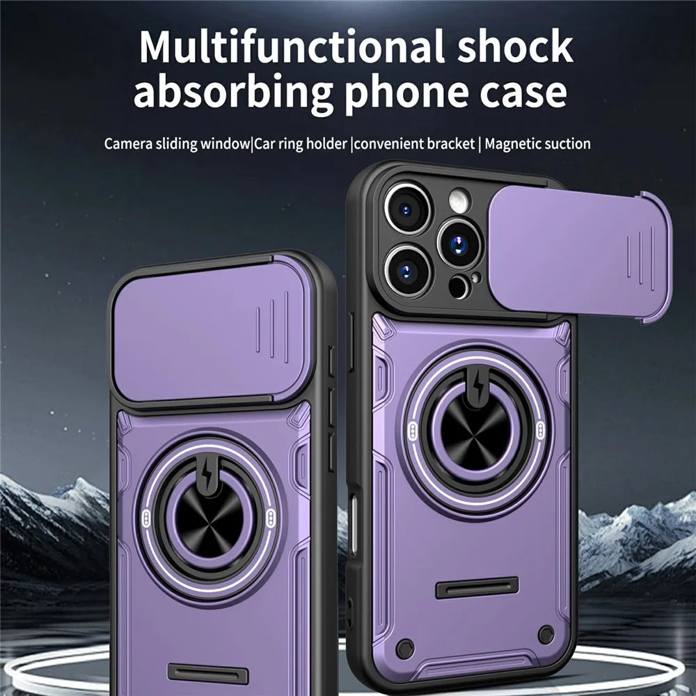 For iPhone 16 Pro Max Case Sliding Camera Cover Ring Kickstand PC + TPU Phone Shell with Tempered Glass Film - Purple - 2