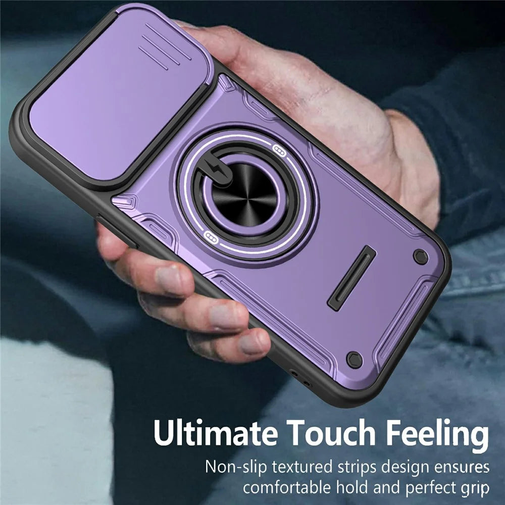 For iPhone 16 Pro Max Case Sliding Camera Cover Ring Kickstand PC + TPU Phone Shell with Tempered Glass Film - Purple - 6