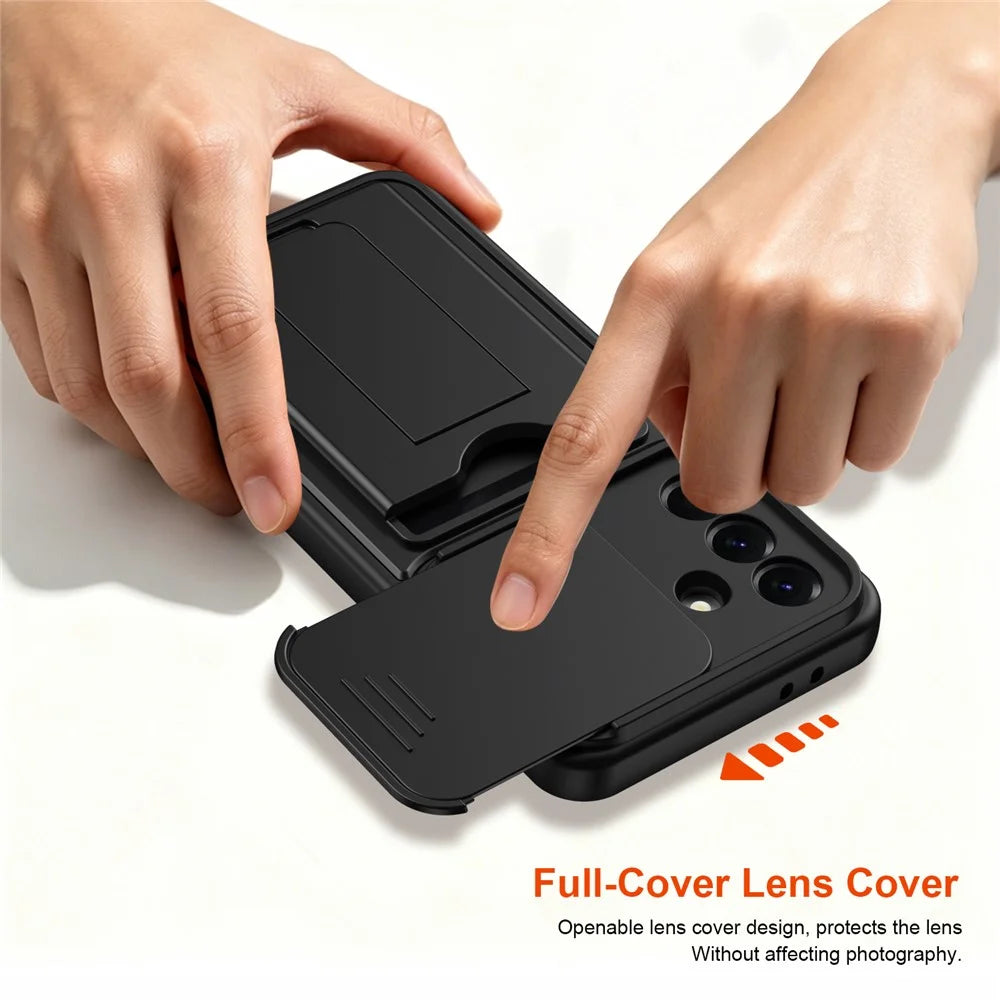 For Samsung Galaxy A26 5G Case Slide Camera Cover Kickstand PC + TPU Phone Shell with Card Holder - Black - 5