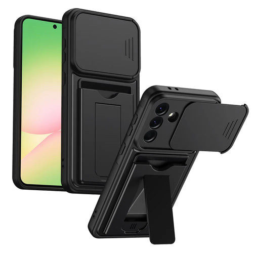For Samsung Galaxy A27 5G Case Slide Camera Cover Kickstand PC + TPU Phone Shell with Card Holder - Black - 1