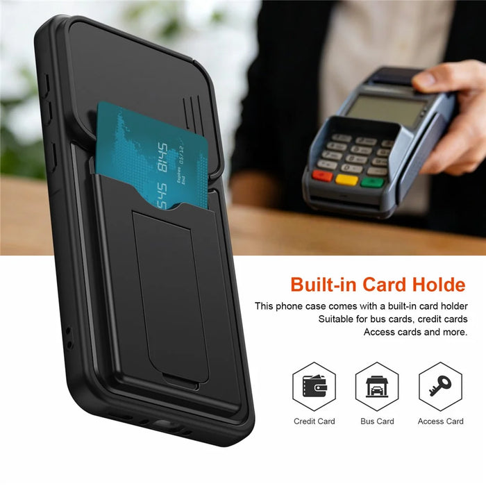 For Samsung Galaxy A27 5G Case Slide Camera Cover Kickstand PC + TPU Phone Shell with Card Holder - Black - 3