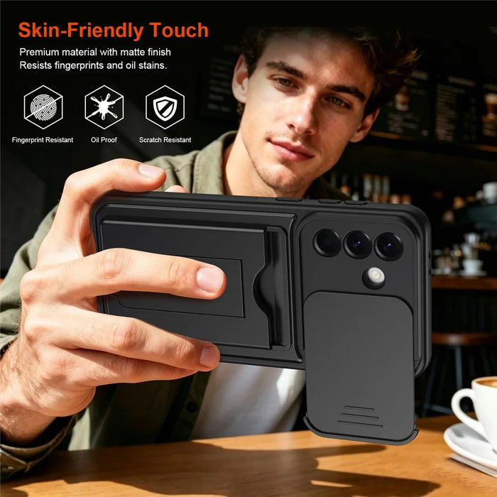 For Samsung Galaxy A27 5G Case Slide Camera Cover Kickstand PC + TPU Phone Shell with Card Holder - Black - 6