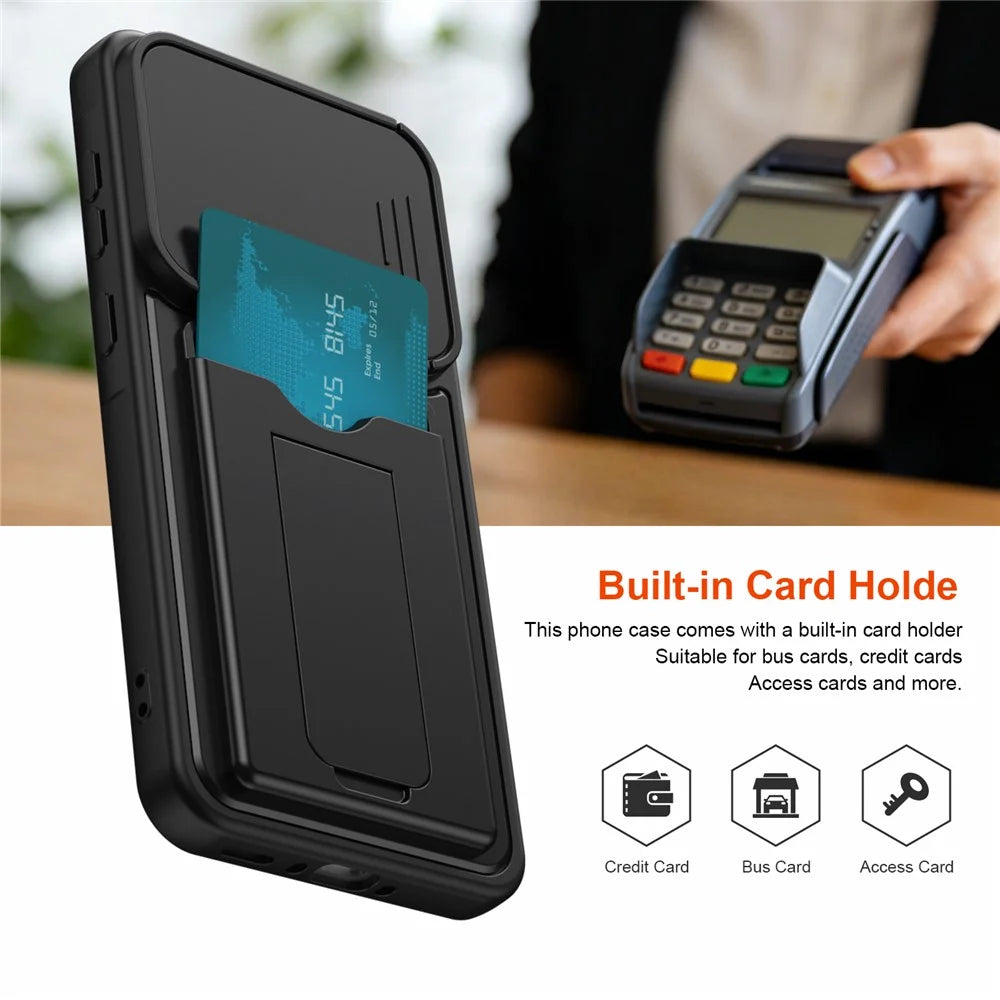 For Samsung Galaxy A37 5G Case Slide Camera Cover Kickstand PC + TPU Phone Shell with Card Holder - Black - 3