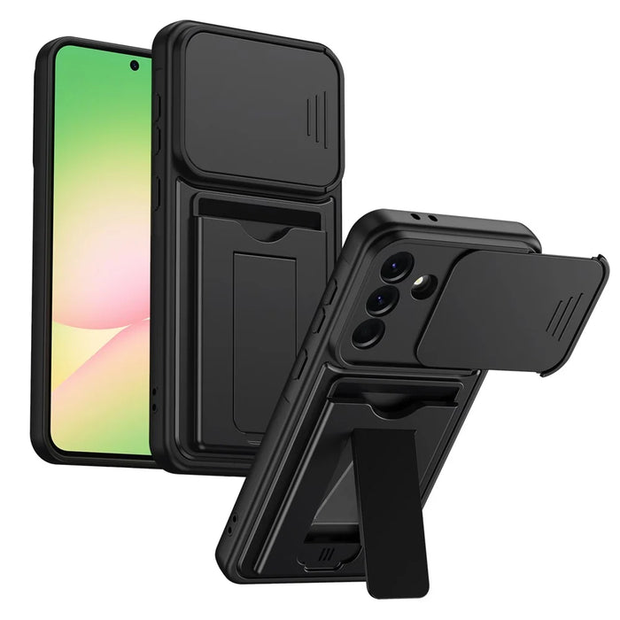 For Samsung Galaxy A56 5G Case Slide Camera Cover Kickstand PC + TPU Phone Shell with Card Holder - Black - 1