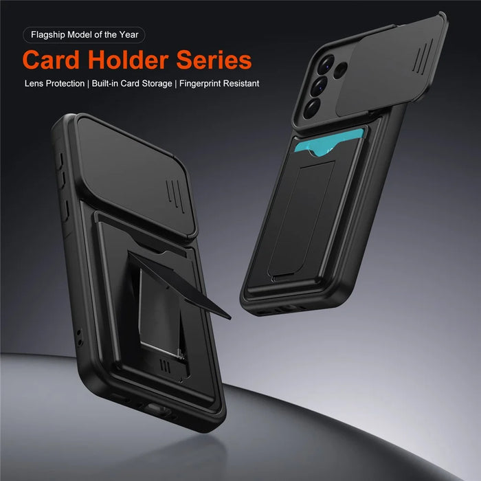 For Samsung Galaxy A56 5G Case Slide Camera Cover Kickstand PC + TPU Phone Shell with Card Holder - Black - 2