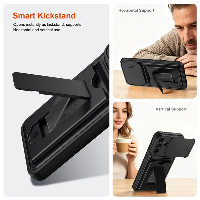 For Samsung Galaxy A56 5G Case Slide Camera Cover Kickstand PC + TPU Phone Shell with Card Holder - Black - 4