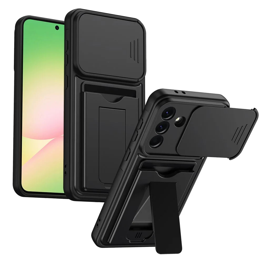 For Samsung Galaxy A57 5G Case Slide Camera Cover Kickstand PC + TPU Phone Shell with Card Holder - Black - 1