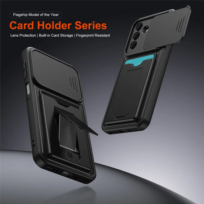 For Samsung Galaxy S26+ Case Slide Camera Cover Kickstand PC + TPU Phone Shell with Card Holder - Black - 2