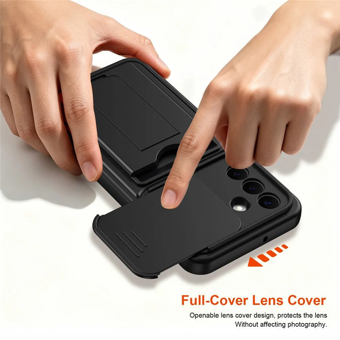 For Samsung Galaxy S26+ Case Slide Camera Cover Kickstand PC + TPU Phone Shell with Card Holder - Black - 5