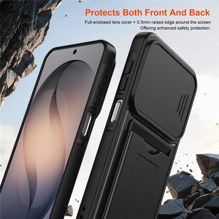 For Samsung Galaxy S26+ Case Slide Camera Cover Kickstand PC + TPU Phone Shell with Card Holder - Black - 7