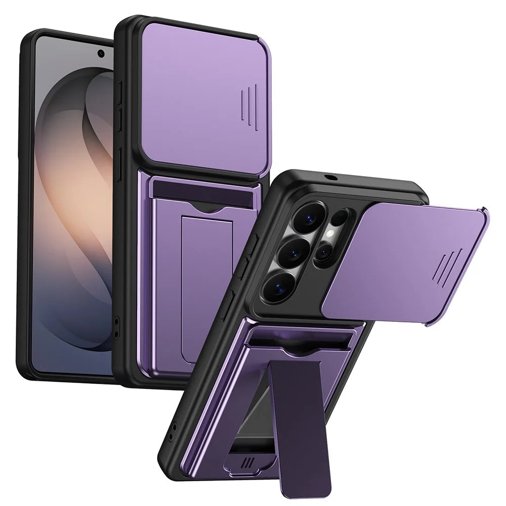 For Samsung Galaxy S26 Ultra Case Slide Camera Cover Kickstand PC + TPU Phone Shell with Card Holder - Purple - 1