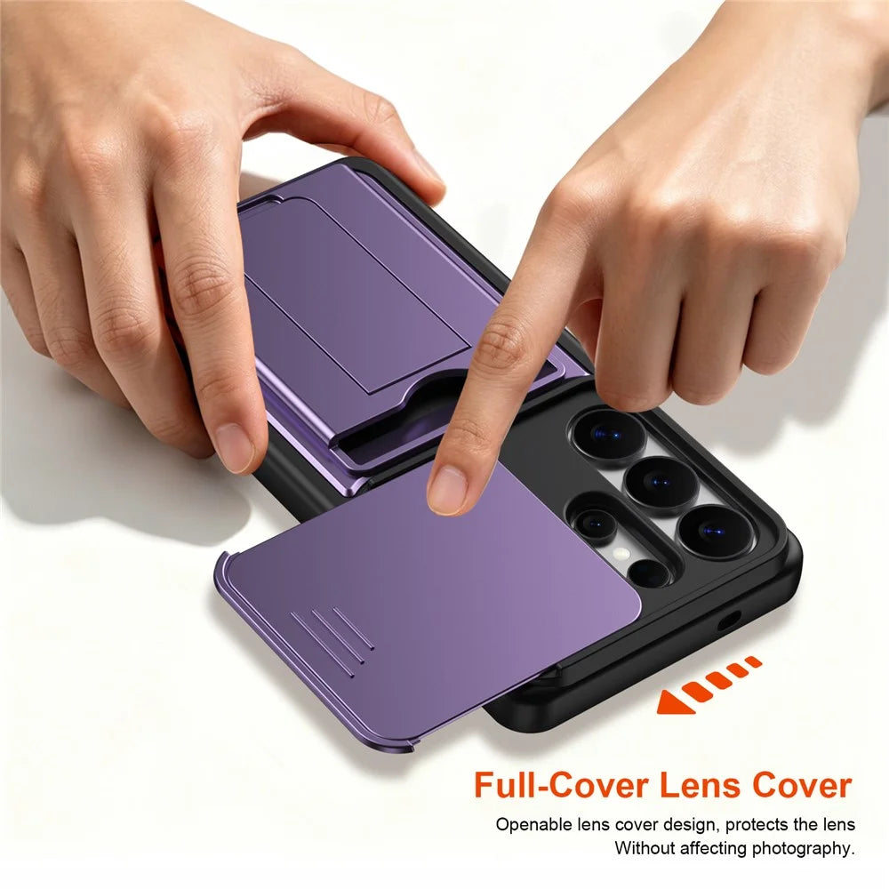 For Samsung Galaxy S26 Ultra Case Slide Camera Cover Kickstand PC + TPU Phone Shell with Card Holder - Purple - 5