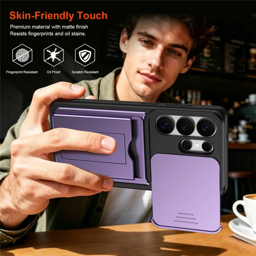 For Samsung Galaxy S26 Ultra Case Slide Camera Cover Kickstand PC + TPU Phone Shell with Card Holder - Purple - 6