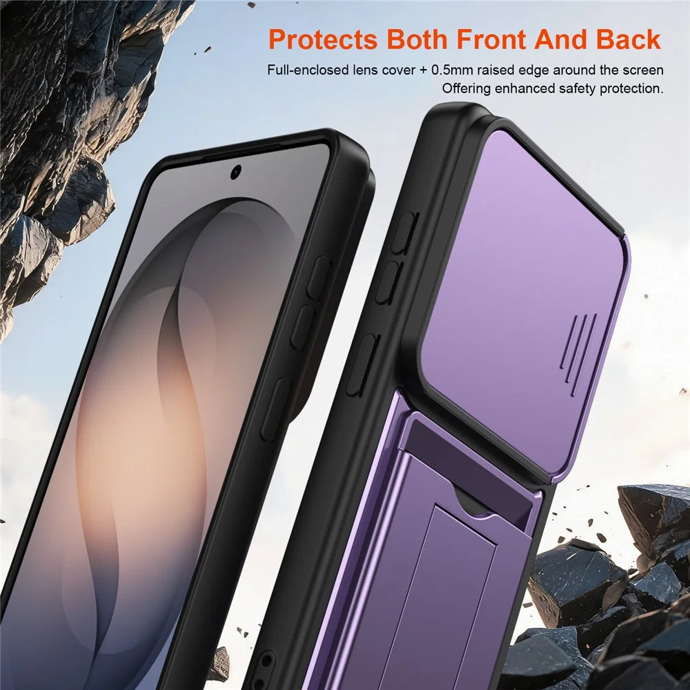 For Samsung Galaxy S26 Ultra Case Slide Camera Cover Kickstand PC + TPU Phone Shell with Card Holder - Purple - 7