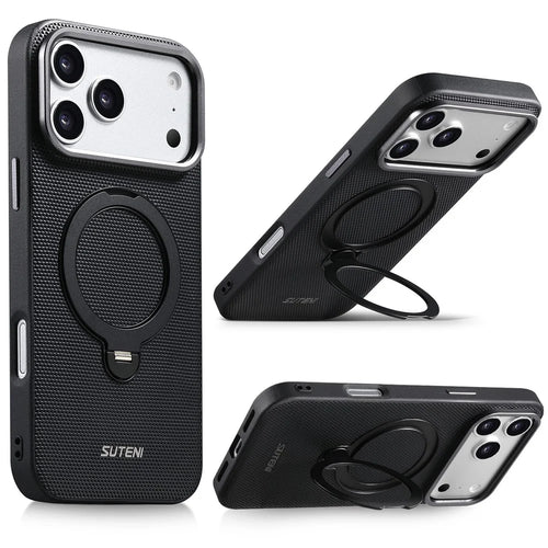 SUTENI G7 for iPhone 17 Pro Magnetic Case Rotating Kickstand Triangle Texture Leather + TPU Phone Cover - Black - 1
