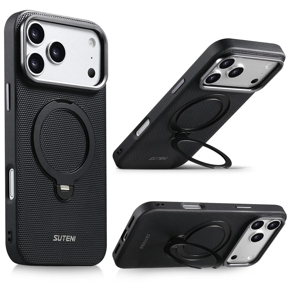 SUTENI G7 for iPhone 17 Pro Magnetic Case Rotating Kickstand Triangle Texture Leather + TPU Phone Cover - Black - 1