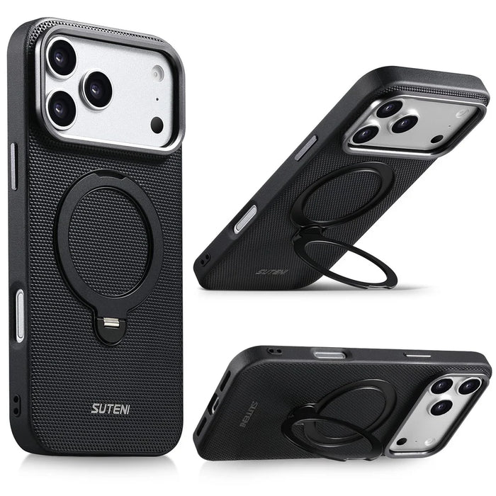 SUTENI G7 for iPhone 17 Pro Magnetic Case Rotating Kickstand Triangle Texture Leather + TPU Phone Cover - Black - 1