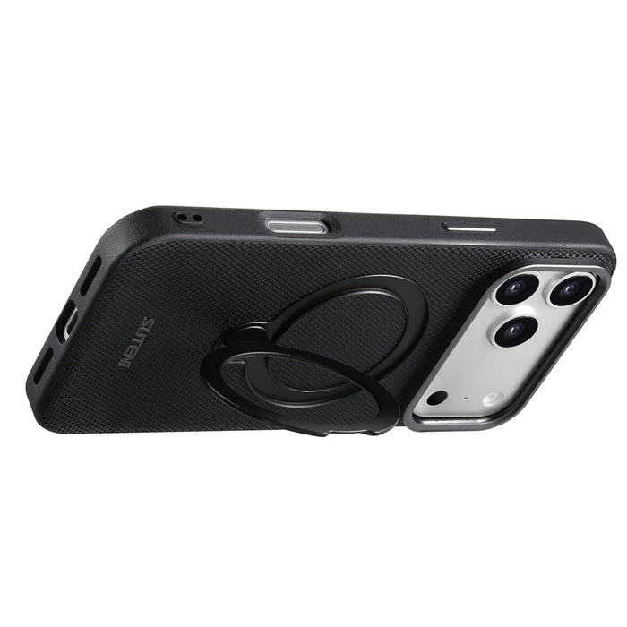 SUTENI G7 for iPhone 17 Pro Magnetic Case Rotating Kickstand Triangle Texture Leather + TPU Phone Cover - Black - 3