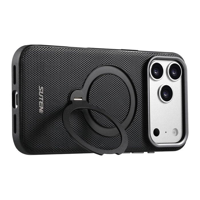 SUTENI G7 for iPhone 17 Pro Magnetic Case Rotating Kickstand Triangle Texture Leather + TPU Phone Cover - Black - 5