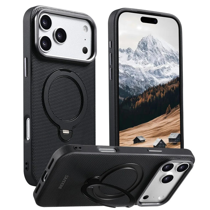 SUTENI G7 for iPhone 17 Pro Magnetic Case Rotating Kickstand Triangle Texture Leather + TPU Phone Cover - Black - 7