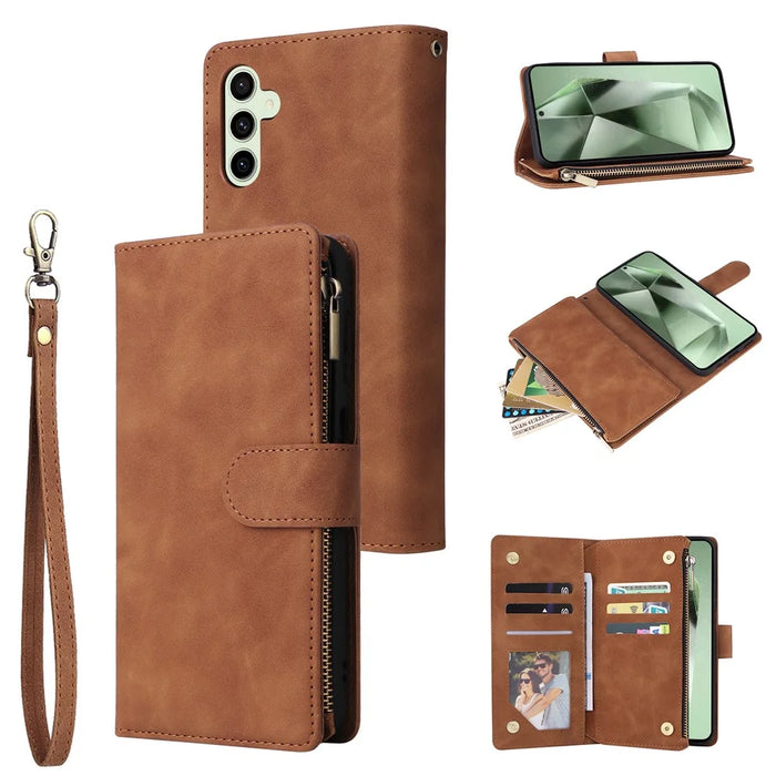 For Samsung Galaxy S26 FE Case Zipper Wallet Multiple Card Slots Leather Phone Cover with Wrist Strap - Brown - 1