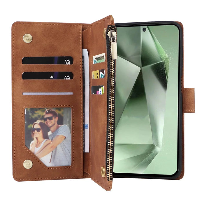 For Samsung Galaxy S26 FE Case Zipper Wallet Multiple Card Slots Leather Phone Cover with Wrist Strap - Brown - 3