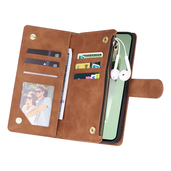 For Samsung Galaxy S26 FE Case Zipper Wallet Multiple Card Slots Leather Phone Cover with Wrist Strap - Brown - 4