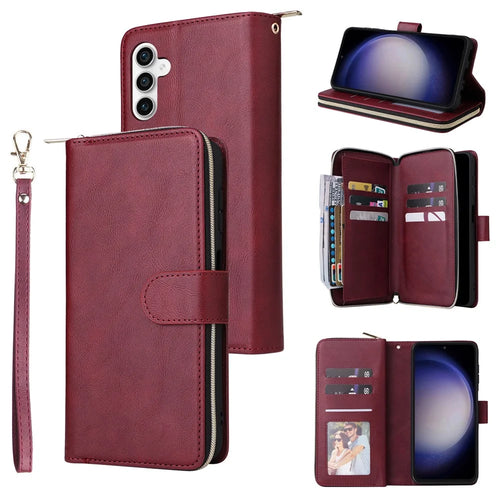 For Samsung Galaxy S26 FE Case Zipper Pocket 9 Card Slots PU Leather Phone Cover with Hand Strap - Wine Red - 1