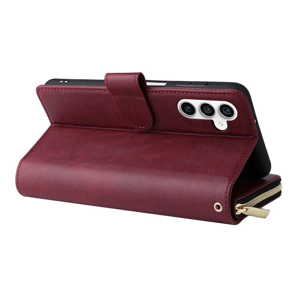 For Samsung Galaxy S26 FE Case Zipper Pocket 9 Card Slots PU Leather Phone Cover with Hand Strap - Wine Red - 5