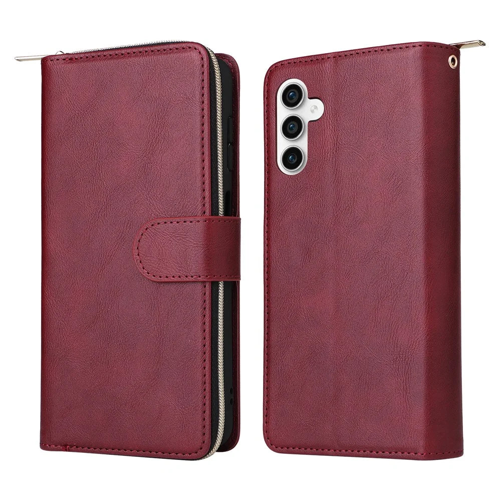 For Samsung Galaxy S26 FE Case Zipper Pocket 9 Card Slots PU Leather Phone Cover with Hand Strap - Wine Red - 6