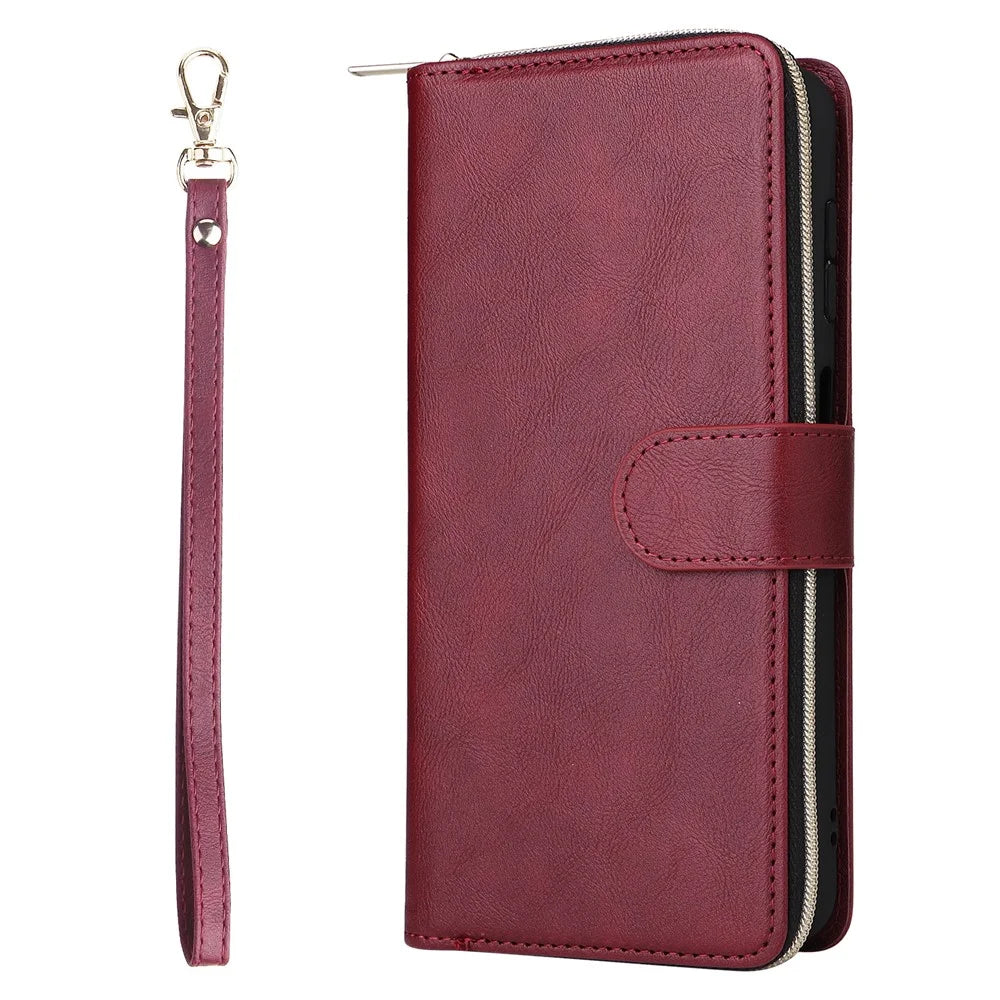For Samsung Galaxy S26 FE Case Zipper Pocket 9 Card Slots PU Leather Phone Cover with Hand Strap - Wine Red - 7