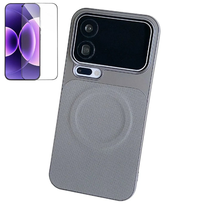 For Xiaomi 17 Pro Magnetic Case Ring Kickstand Tech Fabric Coated PC + TPU Phone Back Cover with Tempered Glass Screen Protector - Dark Grey - 1