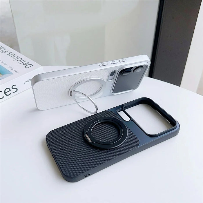 For Xiaomi 17 Pro Max Magnetic Case Ring Kickstand Tech Fabric Coated PC + TPU Phone Back Cover with Tempered Glass Screen Protector - Dark Grey - 2