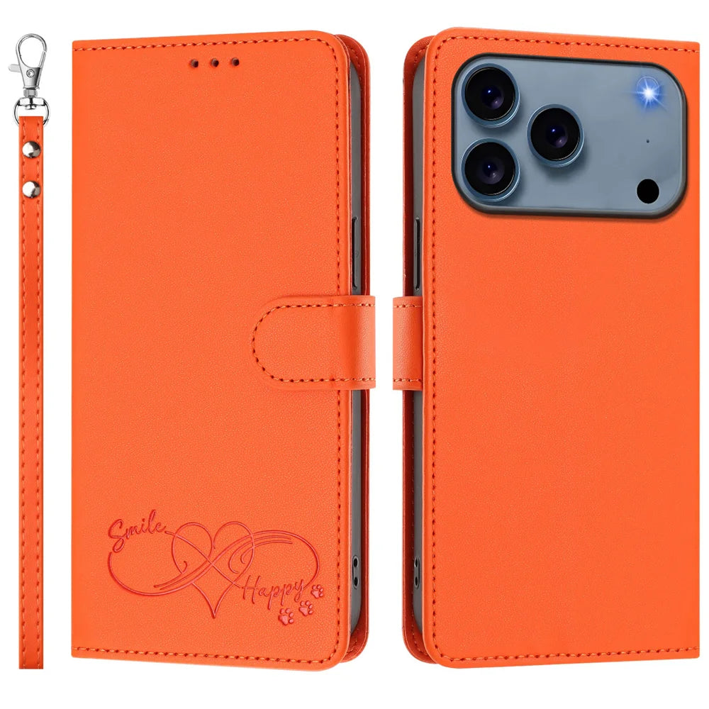 For iPhone 18 Pro / iPhone 17 Pro Case PU Leather Heart Pattern Wallet Flip Phone Cover with Hand Strap - Orange - 1
