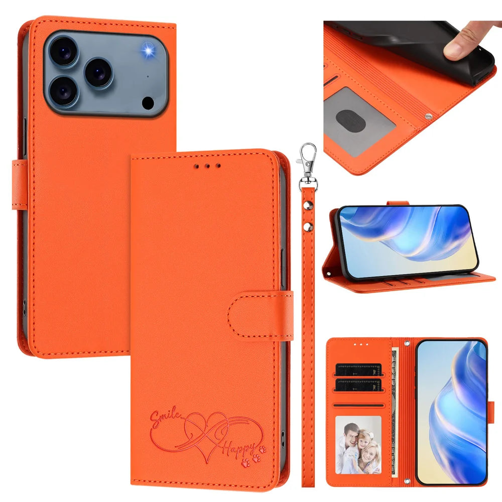 For iPhone 18 Pro / iPhone 17 Pro Case PU Leather Heart Pattern Wallet Flip Phone Cover with Hand Strap - Orange - 2