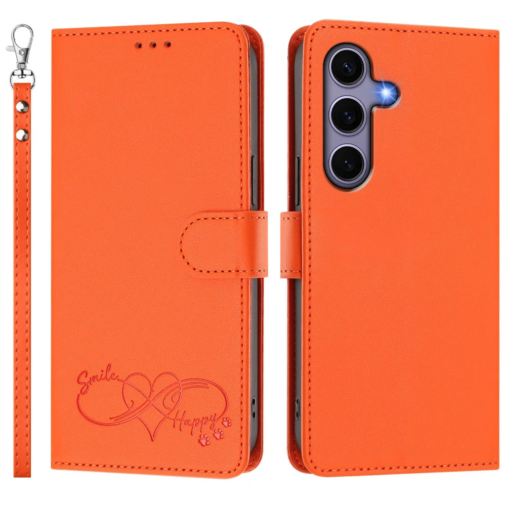 For Samsung Galaxy S24 / Galaxy S25 Case PU Leather Heart Pattern Wallet Flip Phone Cover with Hand Strap - Orange - 1
