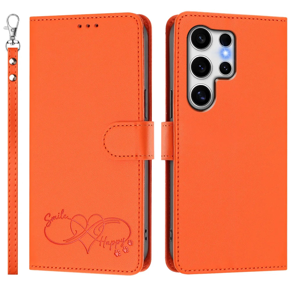 For Samsung Galaxy S25 Ultra Case PU Leather Heart Pattern Wallet Flip Phone Cover with Hand Strap - Orange - 1