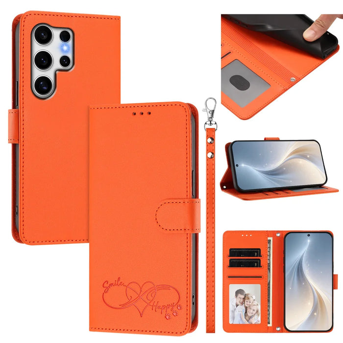 For Samsung Galaxy S25 Ultra Case PU Leather Heart Pattern Wallet Flip Phone Cover with Hand Strap - Orange - 2