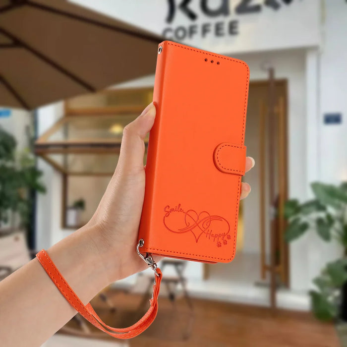 For Samsung Galaxy S25 Ultra Case PU Leather Heart Pattern Wallet Flip Phone Cover with Hand Strap - Orange - 5