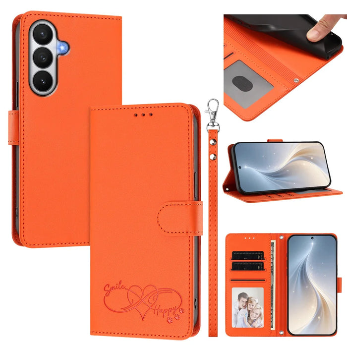 For Samsung Galaxy S26 Case PU Leather Heart Pattern Wallet Flip Phone Cover with Hand Strap - Orange - 2