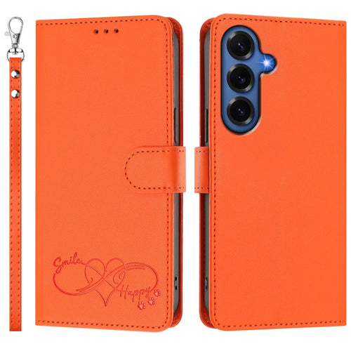 For Samsung Galaxy S26+ Case PU Leather Heart Pattern Wallet Flip Phone Cover with Hand Strap - Orange - 1