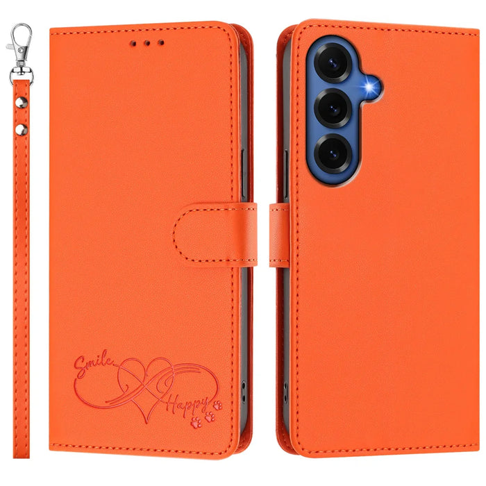 For Samsung Galaxy S26+ Case PU Leather Heart Pattern Wallet Flip Phone Cover with Hand Strap - Orange - 1