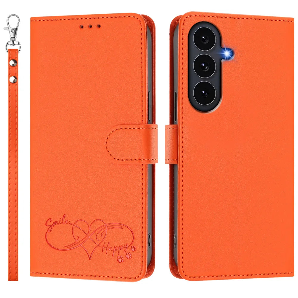For Samsung Galaxy S26 FE Case PU Leather Heart Pattern Wallet Flip Phone Cover with Hand Strap - Orange - 1