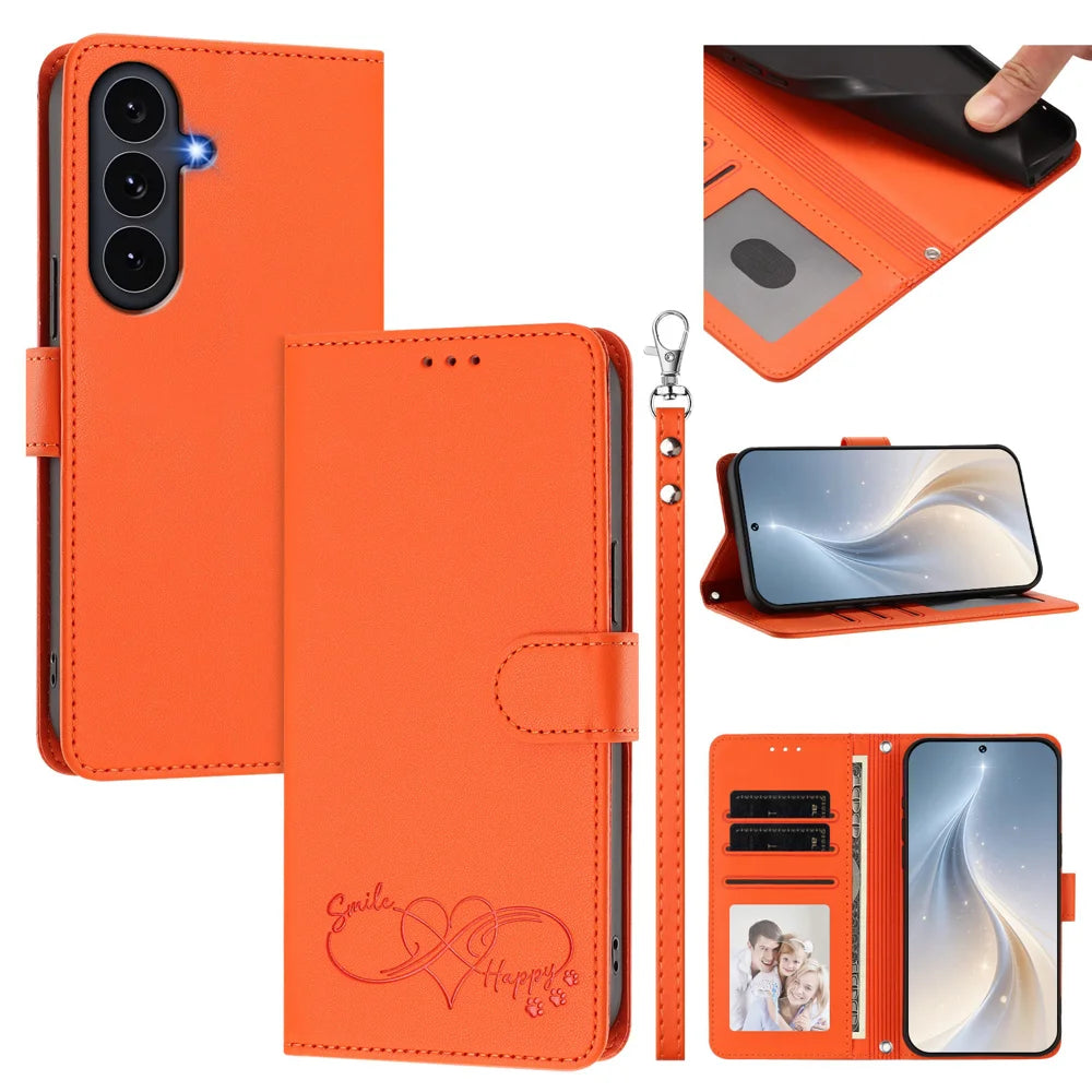 For Samsung Galaxy S26 FE Case PU Leather Heart Pattern Wallet Flip Phone Cover with Hand Strap - Orange - 2