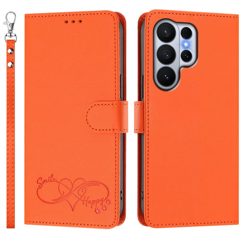 For Samsung Galaxy S26 Ultra Case PU Leather Heart Pattern Wallet Flip Phone Cover with Hand Strap - Orange - 1